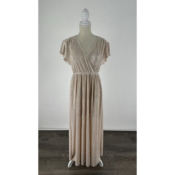 See And Be Seen Metallic Pleat Maxi Dress Womens Small Short Sleeve Gown Gold - Picture 5 of 13